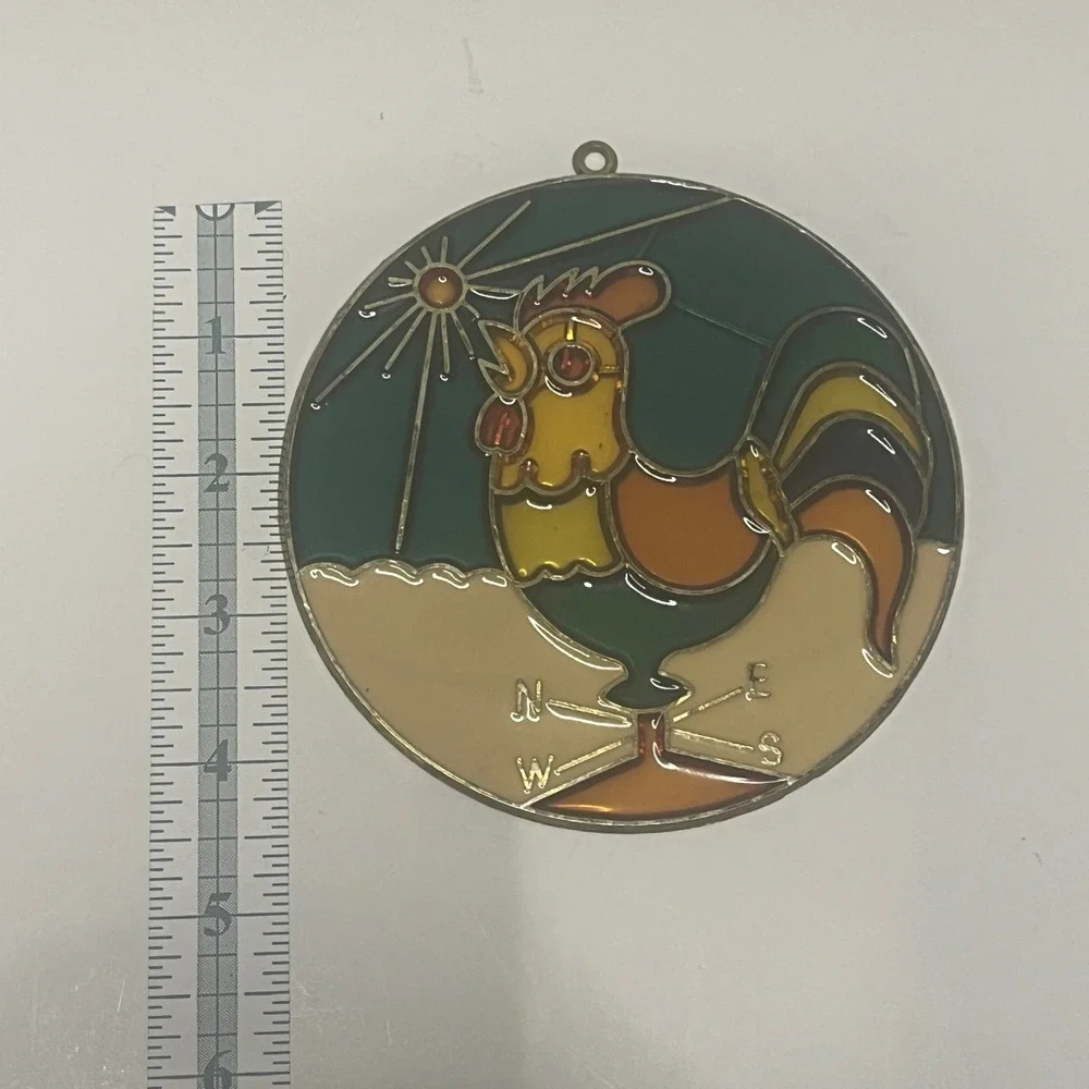 Stained Glass Rooster Sun‎ Catcher Window Decor Round Metal Frame